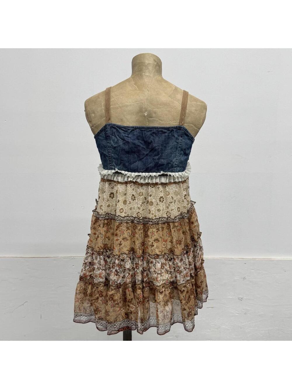 Vintage Y2K Denim Corset Bustier Paisley Floral Chiffon Tunic Dress - Picture 4 of 8